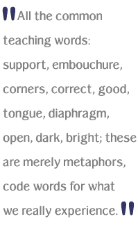  All the common teaching words: support, embouchure, corners, correct, good, tongue, diaphragm, open, dark, bright; these are merely metaphors, code words for what we really experience.